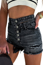 Load image into Gallery viewer, Black High Waist Multi Buttons Raw Edge Denim Shorts
