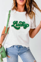 Load image into Gallery viewer, White St. Patrick Lucky Chenille Glitter Patched Graphic T Shirt
