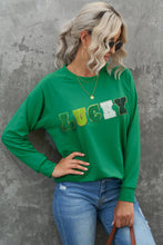 Load image into Gallery viewer, Green St Patricks LUCKY Chenille Embroidered Graphic Sweatshirt

