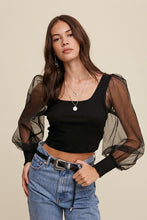 Load image into Gallery viewer, Square Neck Mesh Puff Sleeve Knit Top

