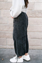 Load image into Gallery viewer, Black Mineral Wash Textured Drawstring Wide Leg Pants
