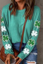 Load image into Gallery viewer, Green Sequined St Patrick Clover Patched Long Sleeve Top

