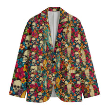 Load image into Gallery viewer, All-Over Print Men&#39;s Casual Flat Lapel Collar Blazer | 245GSM Cotton Skull and flowers Print
