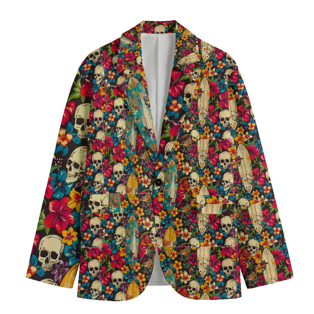 All-Over Print Men's Casual Flat Lapel Collar Blazer | 245GSM Cotton Skull and flowers Print