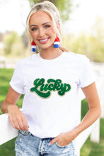 Load image into Gallery viewer, White St. Patrick Lucky Chenille Glitter Patched Graphic T Shirt
