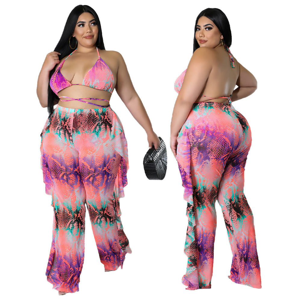 Summer Beach Sexy Special Printed Swimsuit Mesh Three Piece Set