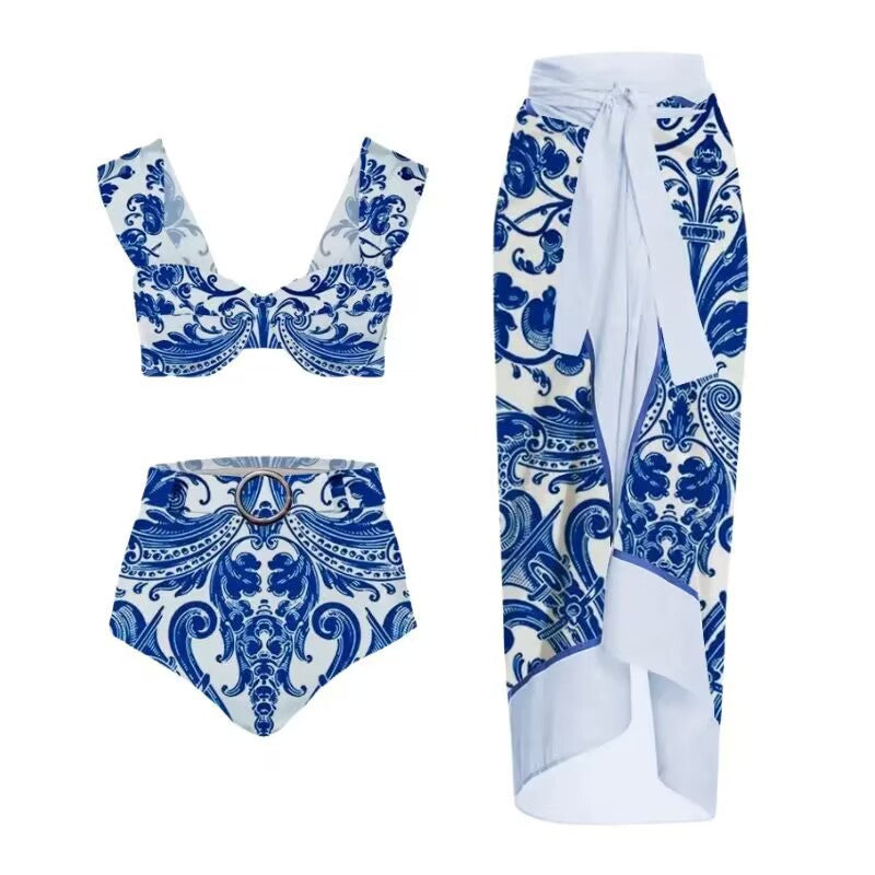 Lonkey Women Swimsuit Blue White Porcelain Printed Three Piece Split Swimsuit Women