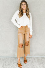 Load image into Gallery viewer, Brown Distressed Hollow-out High Waist Cropped Flare Jeans
