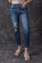 Load image into Gallery viewer, Blue Distressed Button Fly High Waist Skinny Jeans
