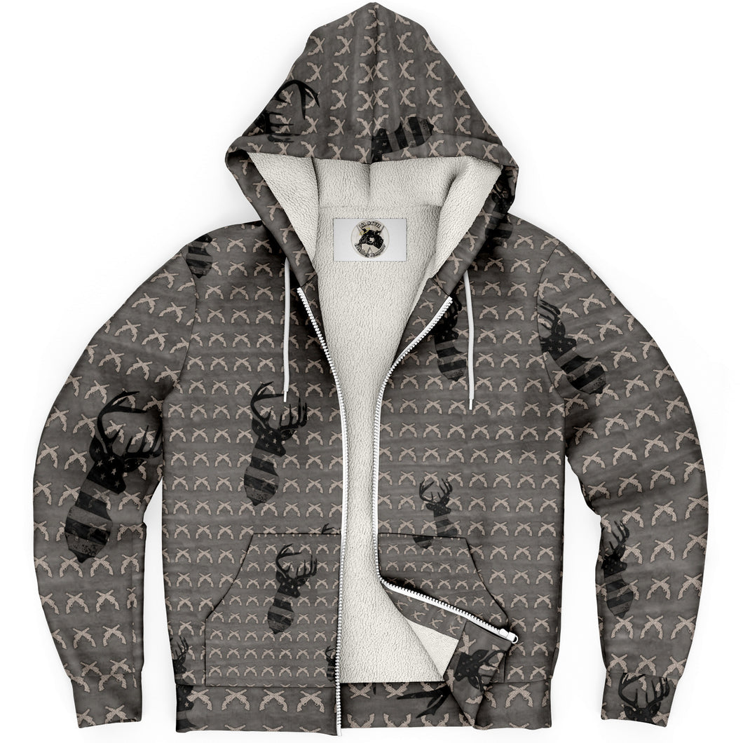 Micro fleece, zip up hoodie, Deer /guns design, print