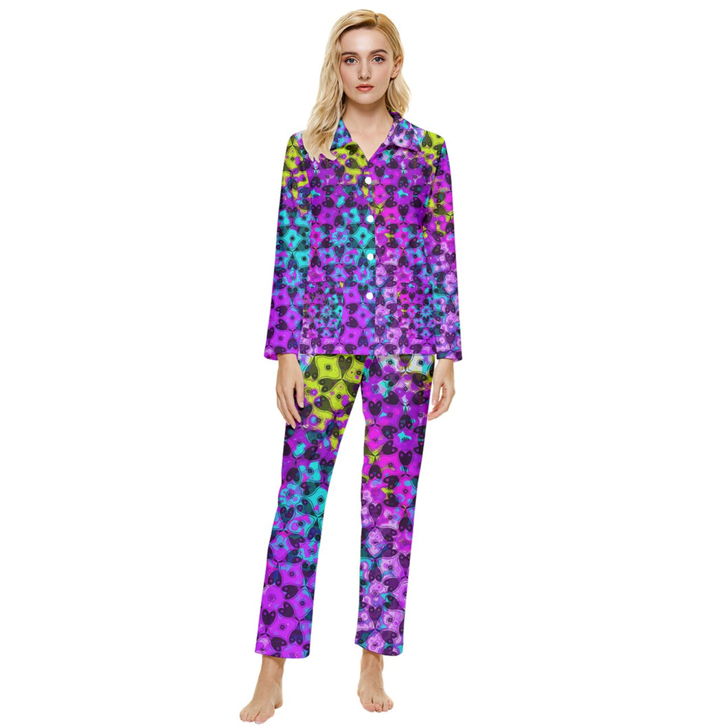 Purple/teal print Womens' Long Sleeve Pocket Pajamas Set