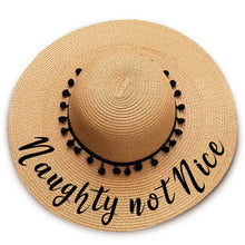 Load image into Gallery viewer, Naughty not nice print  Floppy Beach Hat - Black Pompoms
