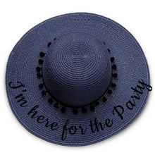 Load image into Gallery viewer, I’m here for the party print Floppy Beach Hat - Black Pompoms
