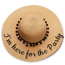Load image into Gallery viewer, I’m here for the party print Floppy Beach Hat - Black Pompoms

