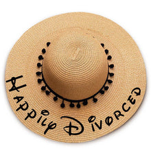 Load image into Gallery viewer, Happily Divorced print Floppy Beach Hat - Black Pompoms
