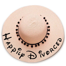Load image into Gallery viewer, Happily Divorced print Floppy Beach Hat - Black Pompoms
