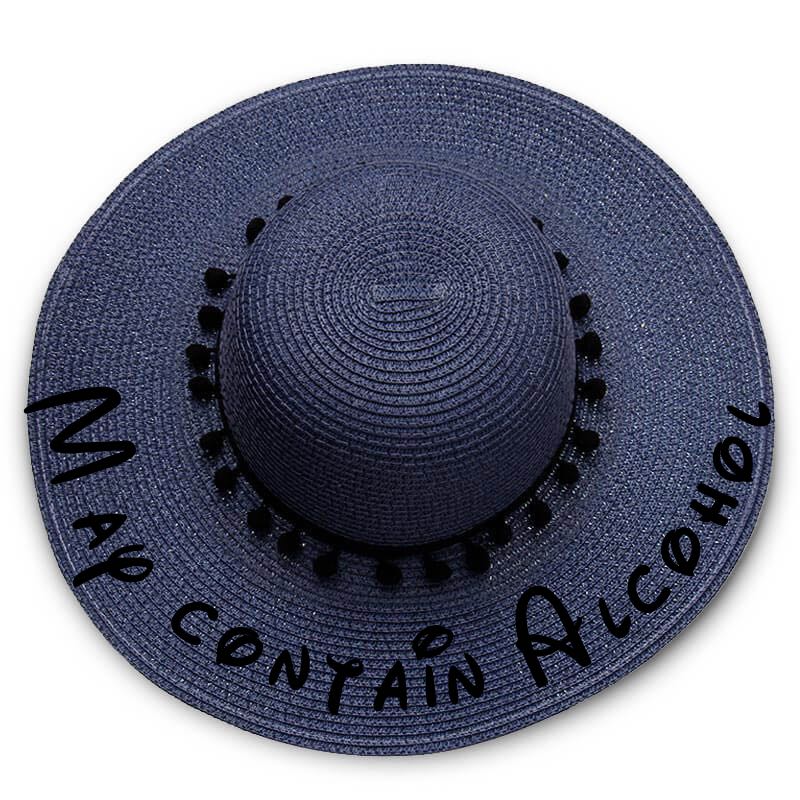 May contain alcohol print Floppy Beach Hat - Black Pompoms