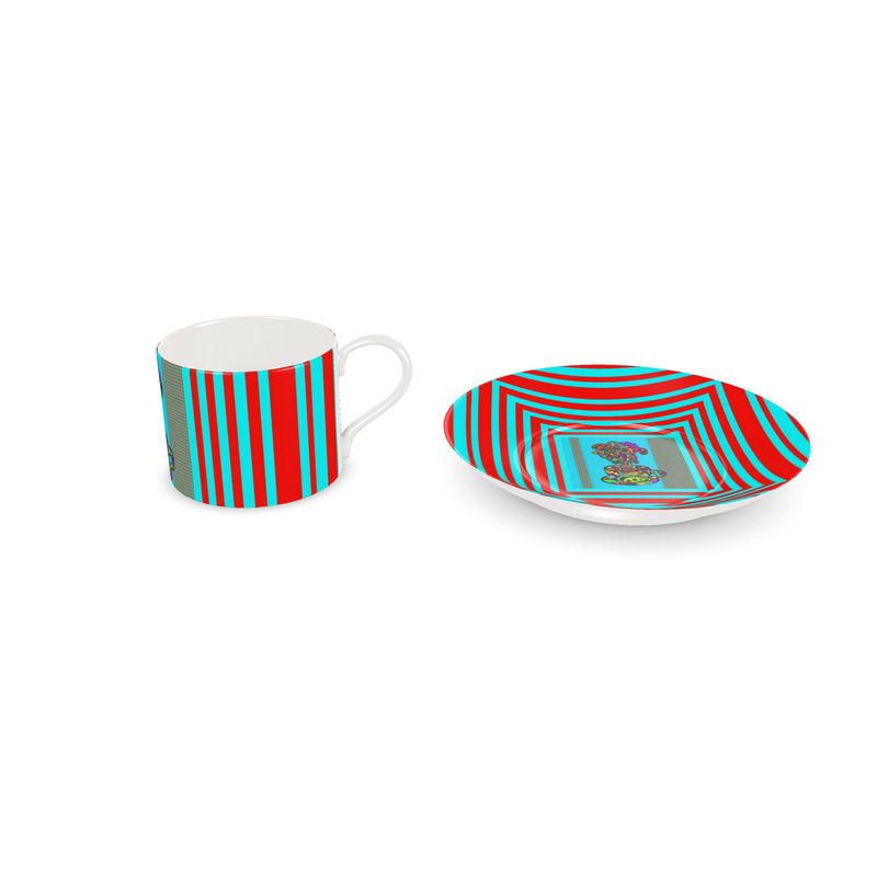 LDCC #07 coffee cafe teal and red print Designer cup and saucer