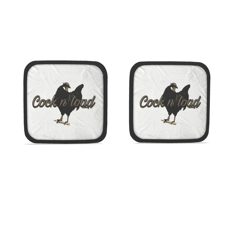 #503 cocknload hot dish pads. Gun  print.