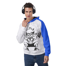Load image into Gallery viewer, All-Over Print Men&#39;s Raglan Pullover Hoodie blue/white weightlifting theme
