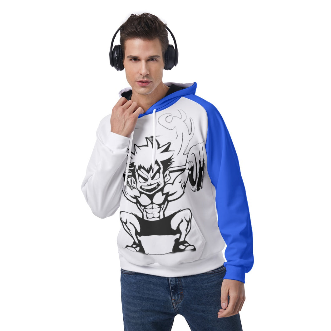 All-Over Print Men's Raglan Pullover Hoodie blue/white weightlifting theme