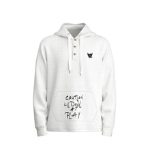 Load image into Gallery viewer, All-Over Print Men&#39;s Half  Button Hoodie caution little devil, at play , printa
