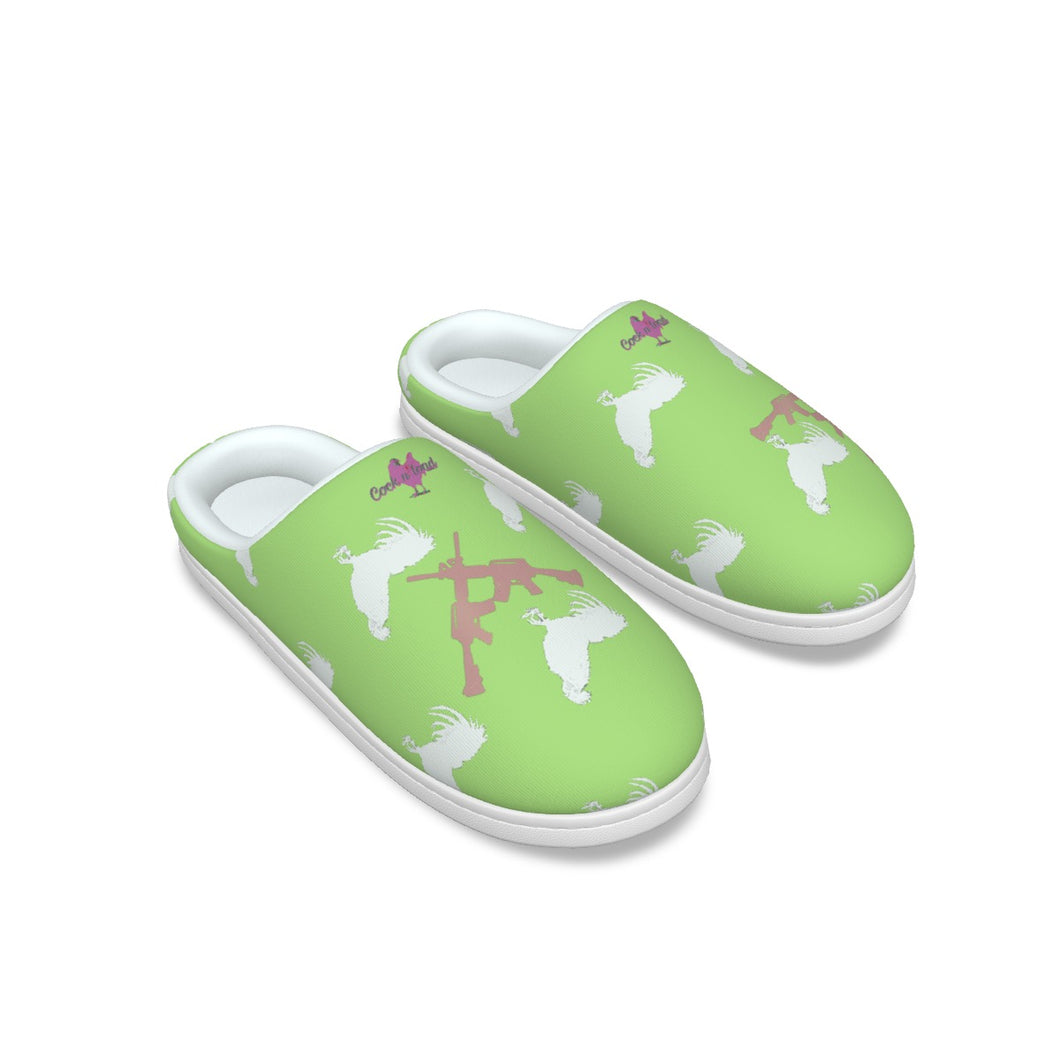 #514 cocknload Women's Plush Slippers in lime green and gun print