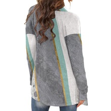 Load image into Gallery viewer, 19All-Over Print Women&#39;s Cardigan With Long Sleeve gray, white and teal print
