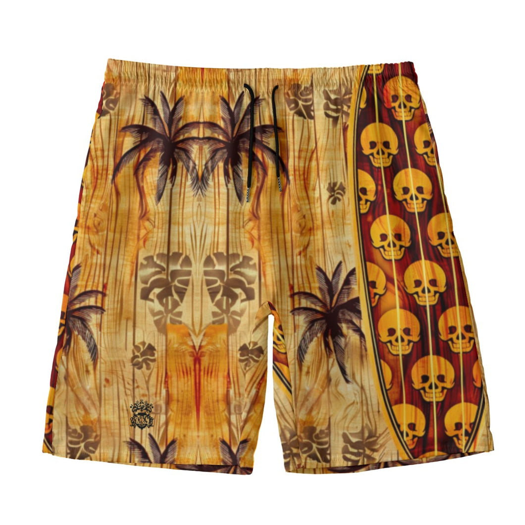 All-Over Print Men‘s Beach Shorts With Lining tan skull/surfboard print