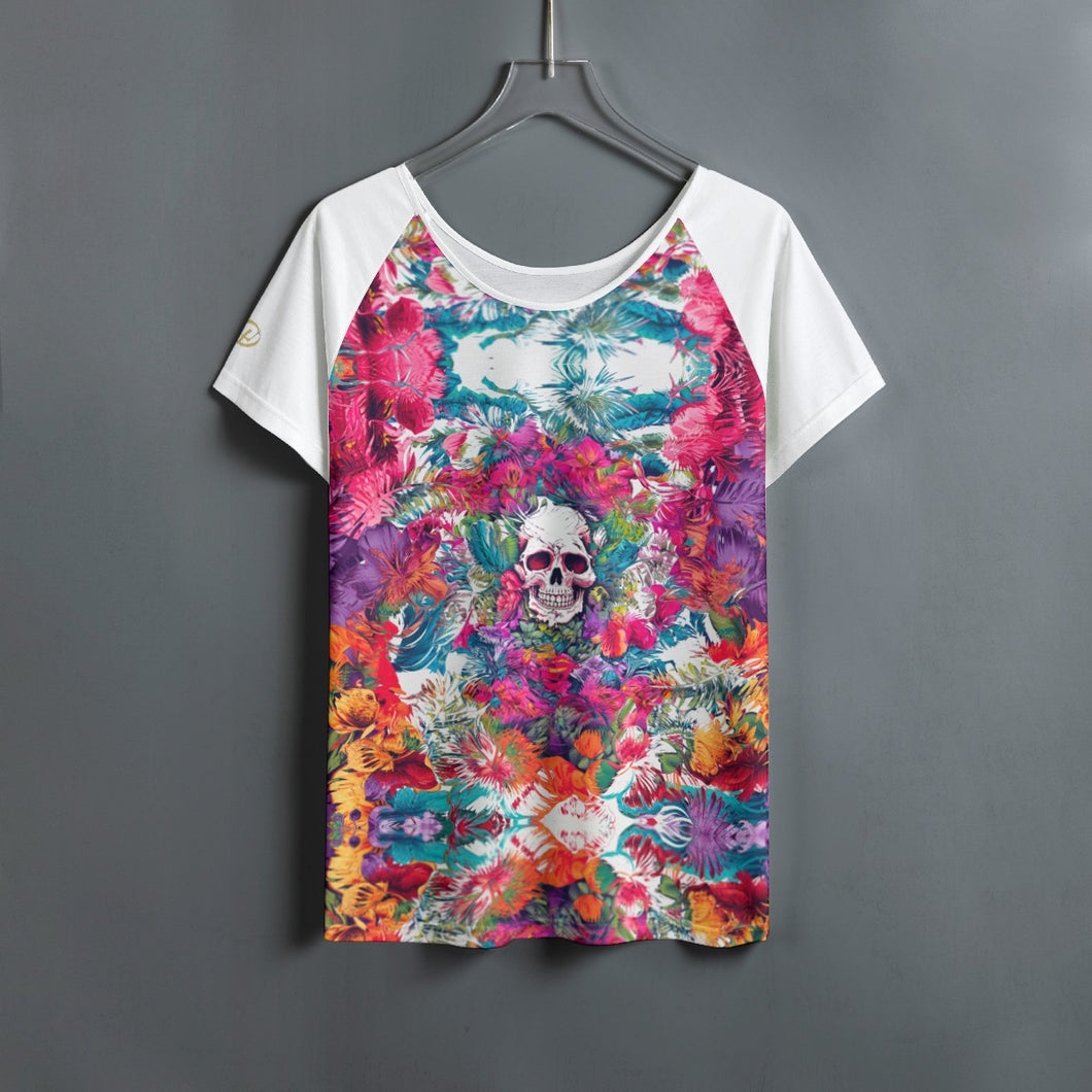All-Over Print Women's Round Neck T-shirt With Raglan Sleeve summer vibes skull print