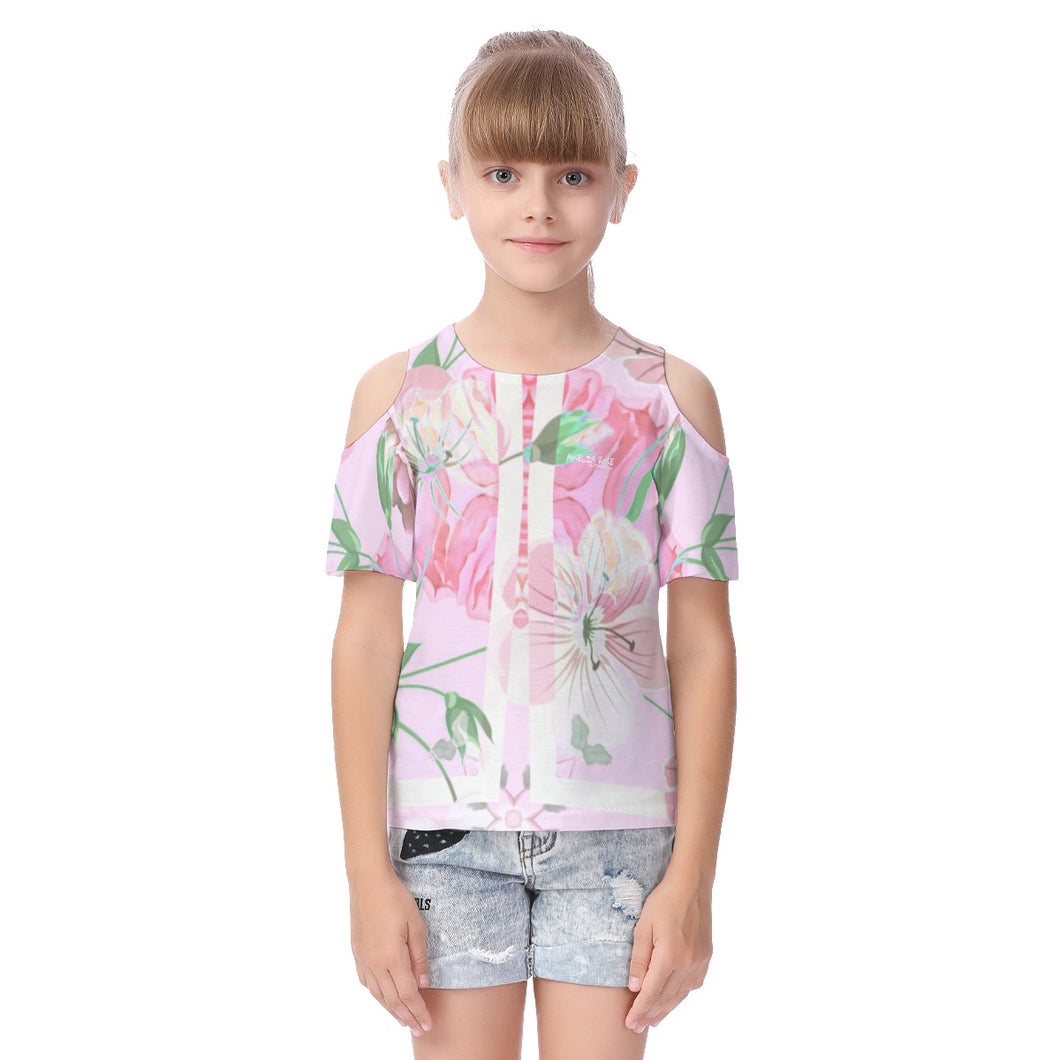 Amelia Rose print 101, pink flowers, Kid's Cold Shoulder T-shirt With Ruffle Sleeves