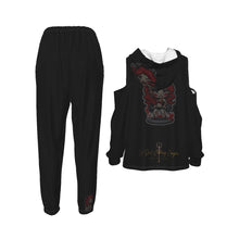 Load image into Gallery viewer, All-Over Print Women&#39;s Cold-Shoulder Hoodie Sports Suit little devil theme
