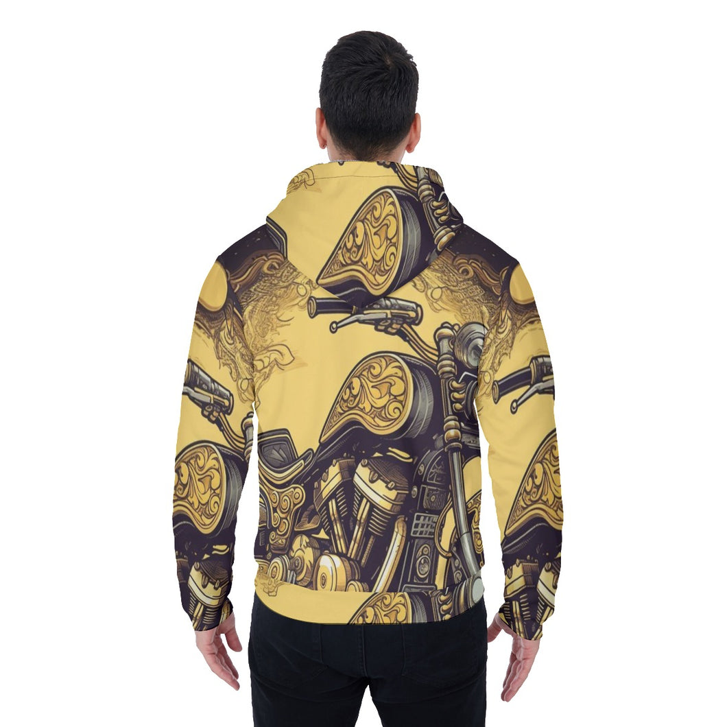 All-Over Print Men's Sherpa Fleece Zip Up Hoodie, yellow and black, motorcycle print, #25G