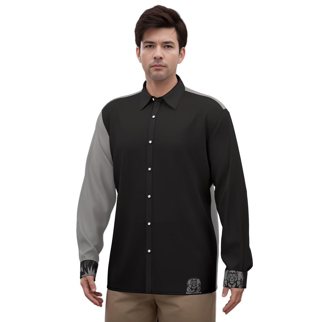 All-Over Print Men's Imitation Silk Long-Sleeved Shirt grey and black Leo print