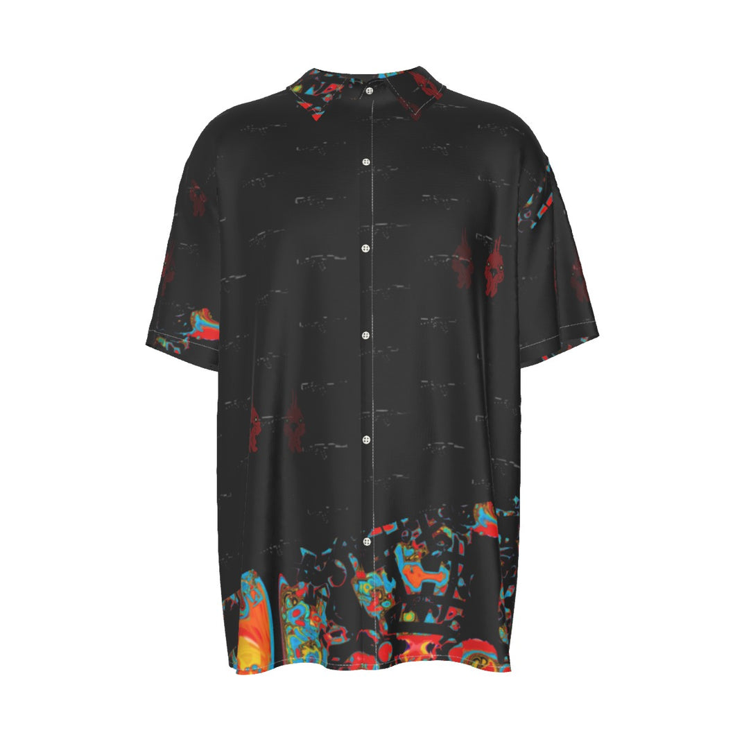 #462 Men's Imitation Silk Short-Sleeved Shirt rooster /gun print