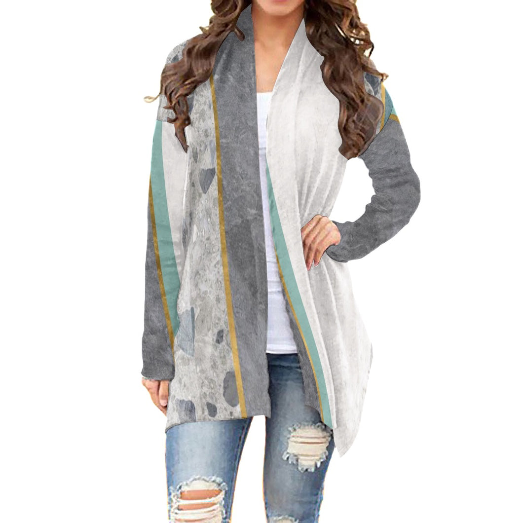 19All-Over Print Women's Cardigan With Long Sleeve gray, white and teal print