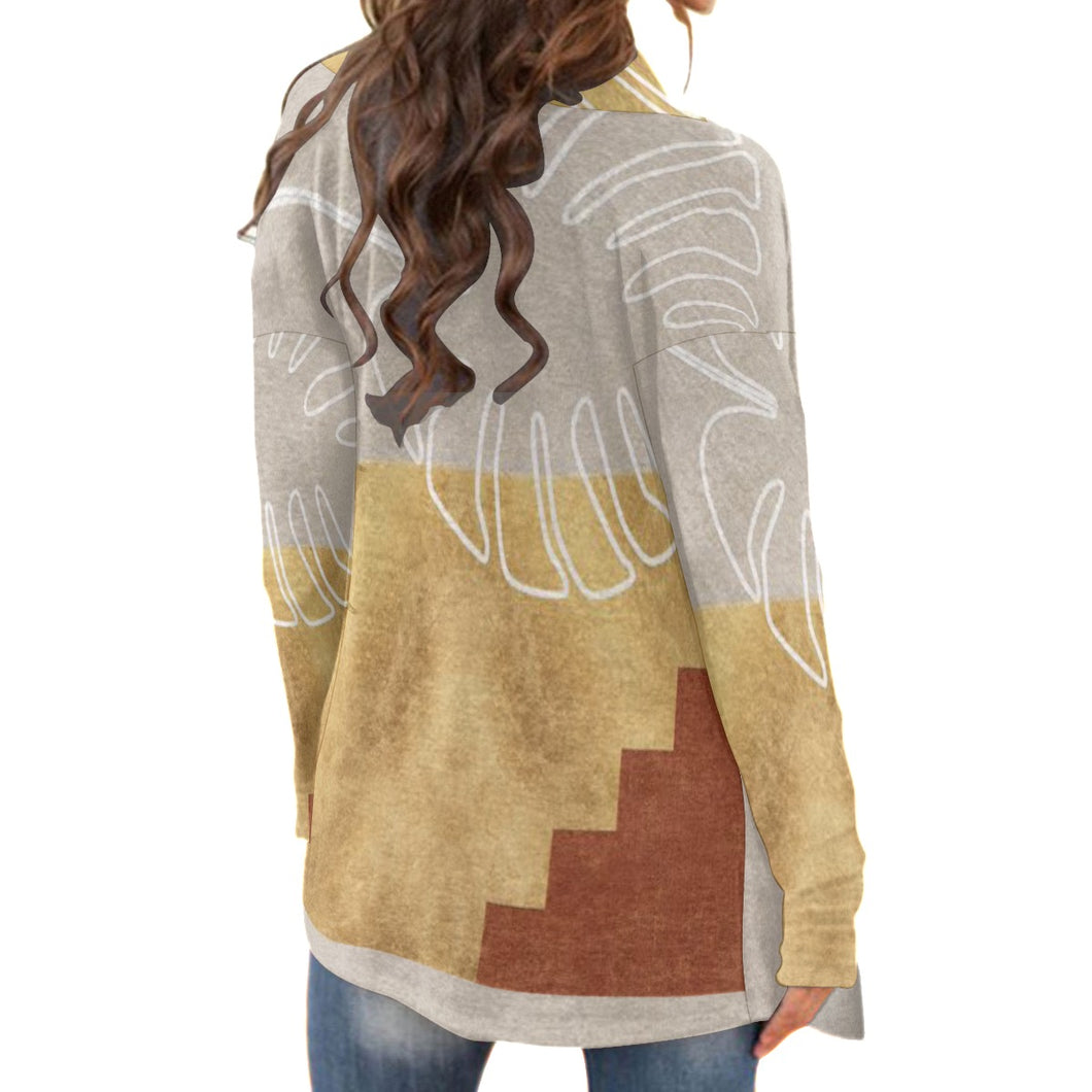 All-Over Print Women's Cardigan With Long Sleeve21 gold, rust, and beige print