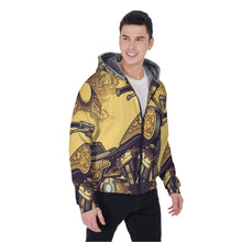 Load image into Gallery viewer, All-Over Print Men&#39;s Sherpa Fleece Zip Up Hoodie, yellow and black, motorcycle print, #25G
