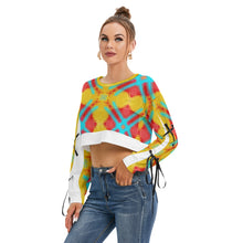 Load image into Gallery viewer, #300  Women&#39;s Long Sleeve Cropped Sweatshirt With Lace up in teal, yellow,and red abstract
