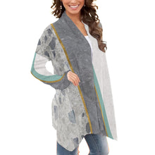 Load image into Gallery viewer, 19All-Over Print Women&#39;s Cardigan With Long Sleeve gray, white and teal print
