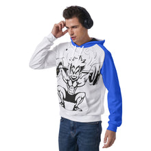 Load image into Gallery viewer, All-Over Print Men&#39;s Raglan Pullover Hoodie blue/white weightlifting theme
