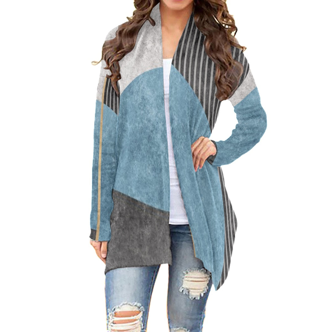 All-Over Print Women's Cardigan With Long Sleeve57 blue and black abstract print