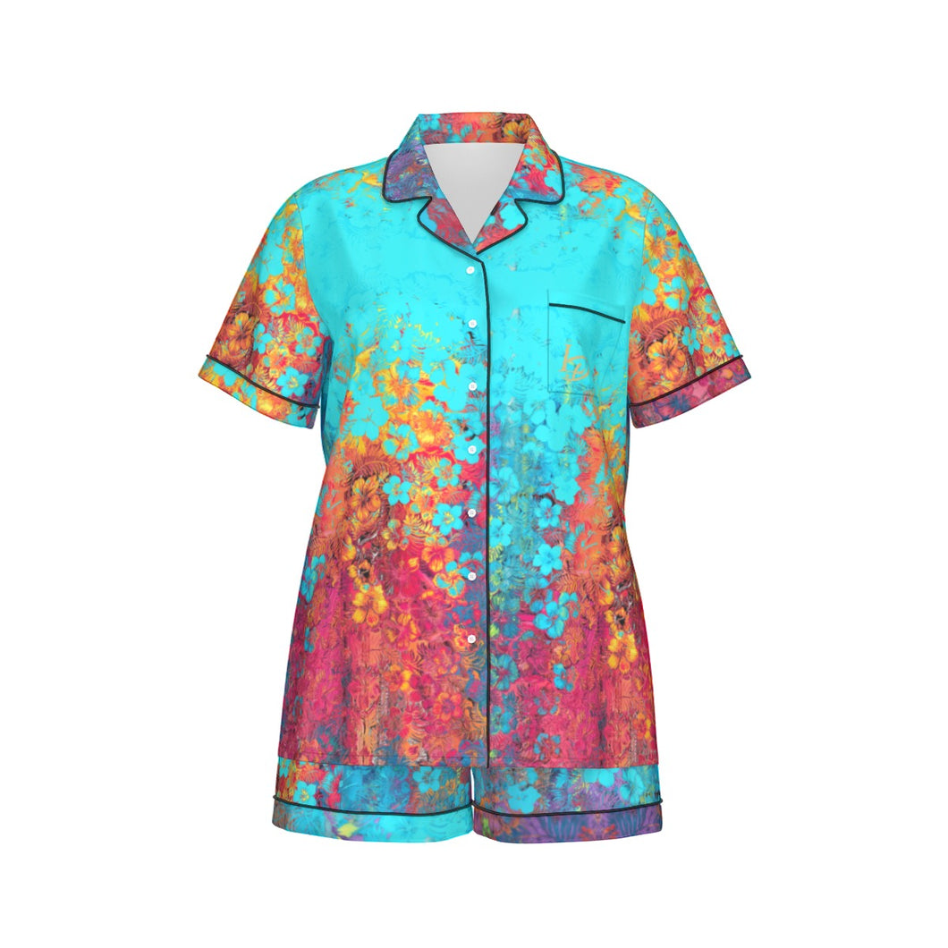 All-Over Print Women's Imitation Silk Pajama Set With Short Sleeve summmer vibes 24 collection
