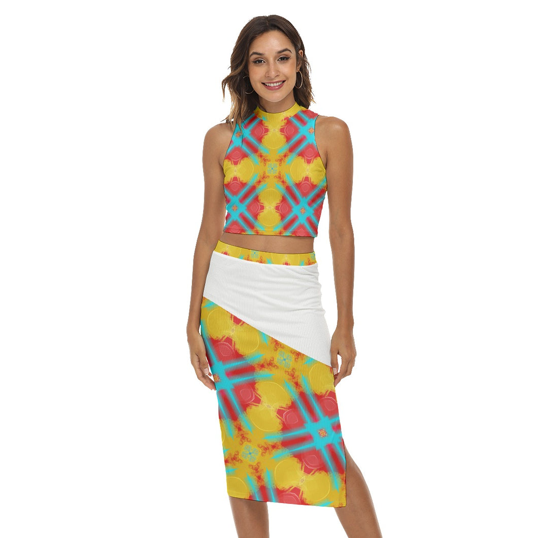 #300  Women's Tank Top & Split High Skirt Set and yellow, red and teal print