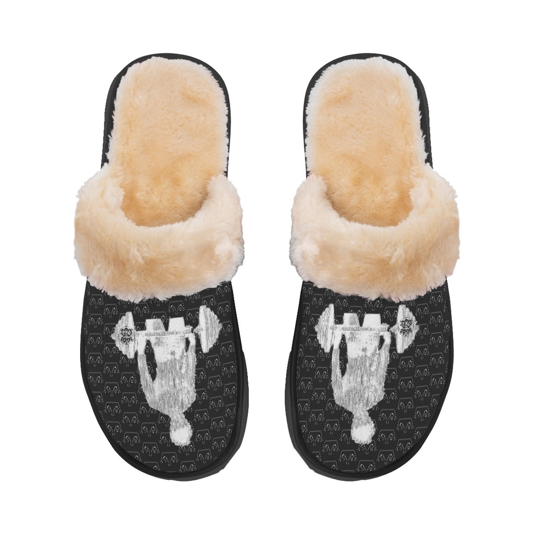 Men's Home Plush Slippers black with crowns, weight, lifting theme