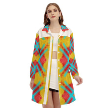 Load image into Gallery viewer, #300  Women&#39;s Side Split Dress With Shirt Placket in yellow, teal and red abstract
