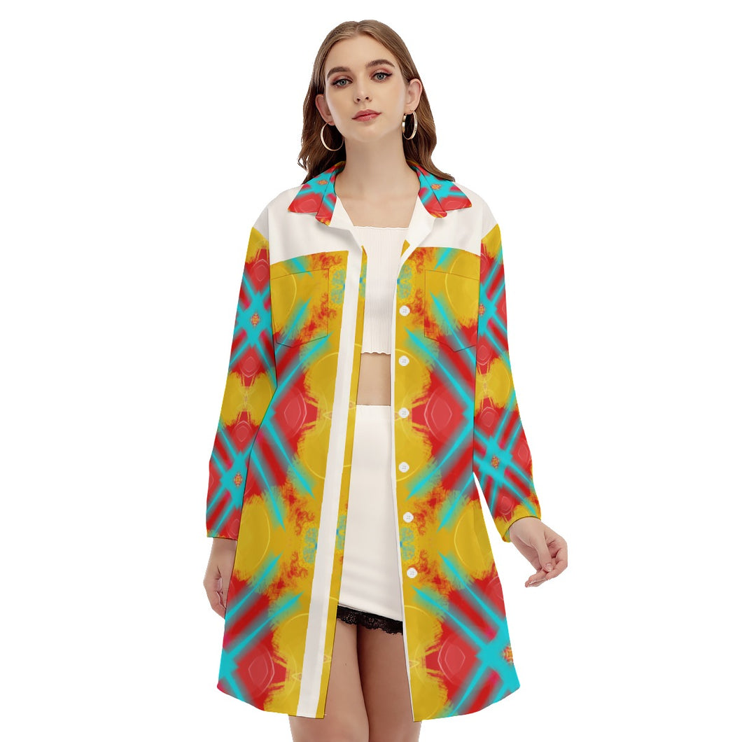 #300  Women's Side Split Dress With Shirt Placket in yellow, teal and red abstract