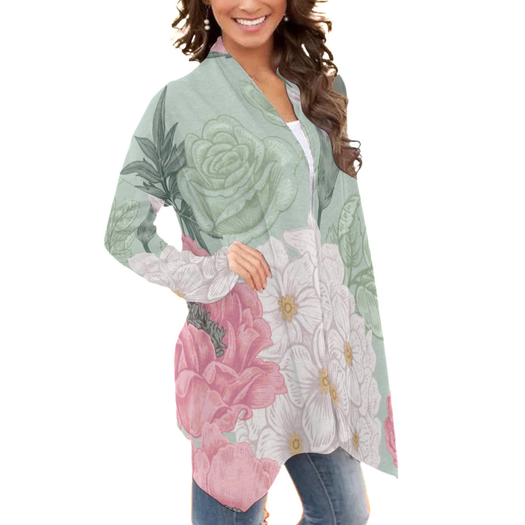 All-Over Print Women's Cardigan With Long Sleeve26 sage, green flower, print