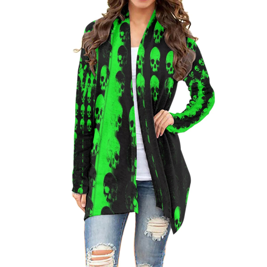 black and green skull Print Women's Cardigan With Long Sleeve