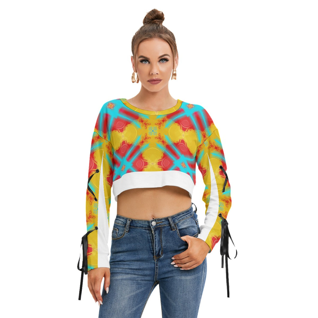 #300  Women's Long Sleeve Cropped Sweatshirt With Lace up in teal, yellow,and red abstract